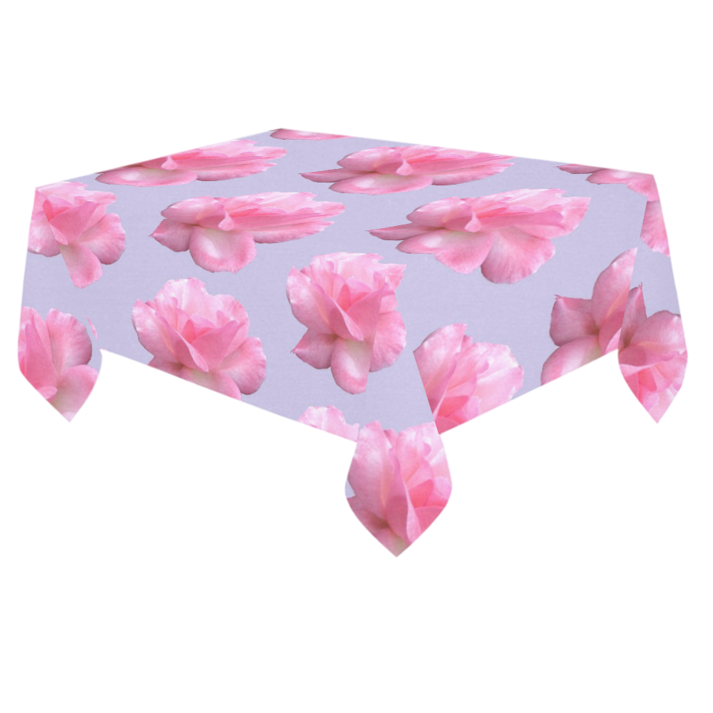 Pink Roses Pattern on Blue Cotton Linen Tablecloth 60"x 84"