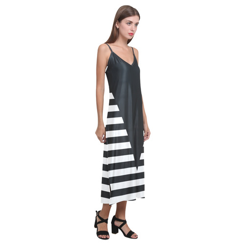 Geometric Style Black solid Stripes Big Triangle V-Neck Open Fork Long Dress(Model D18)