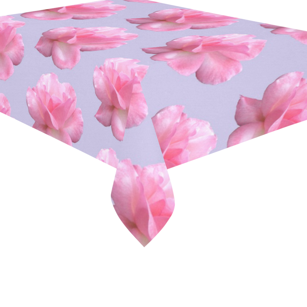 Pink Roses Pattern on Blue Cotton Linen Tablecloth 60"x 84"