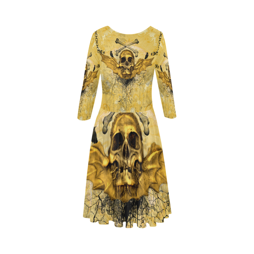 Awesome skull in golden colors Elbow Sleeve Ice Skater Dress (D20)