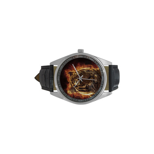 A magnificent tiger is surrounded by flames Men's Casual Leather Strap Watch(Model 211)