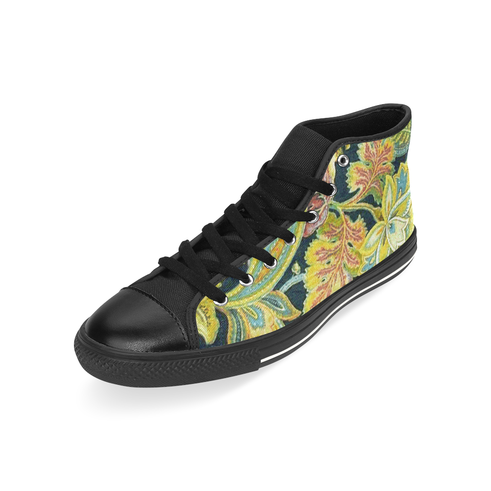 Gold Jacobean Floral Rug Pattern High Top Canvas Women's Shoes/Large Size (Model 017)