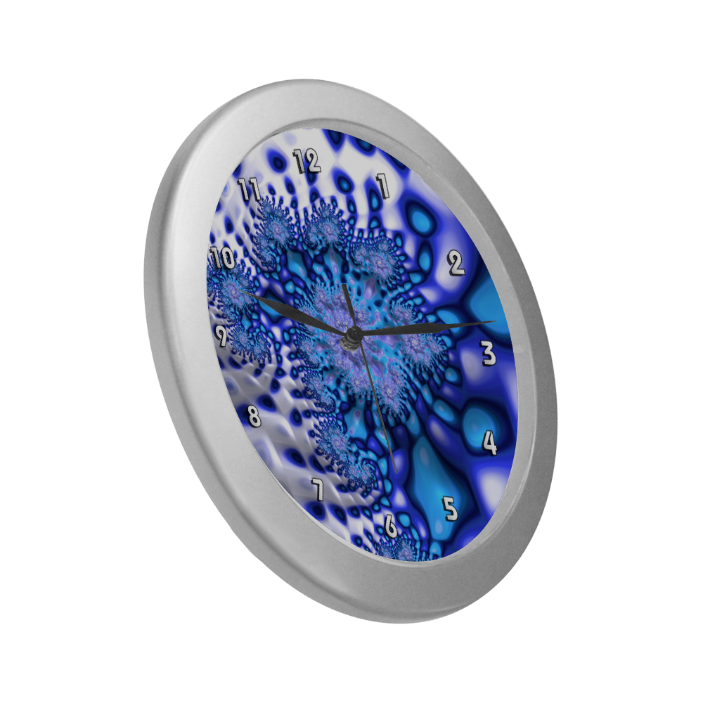 Psychedelic Blue on White Snow Fractal Art Silver Color Wall Clock