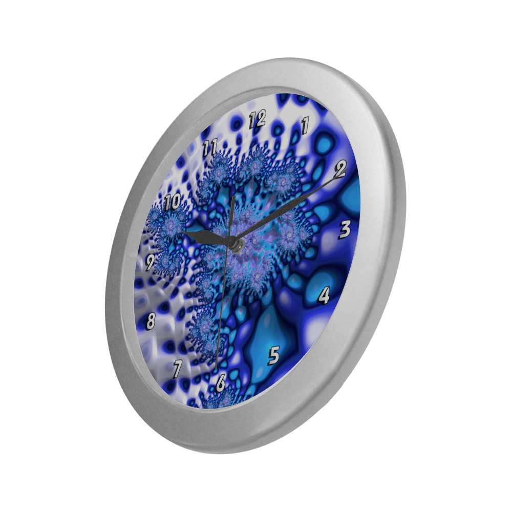 Psychedelic Blue on White Snow Fractal Art Silver Color Wall Clock