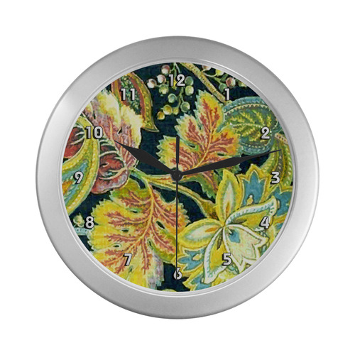 Gold Jacobean Floral Pattern Silver Color Wall Clock