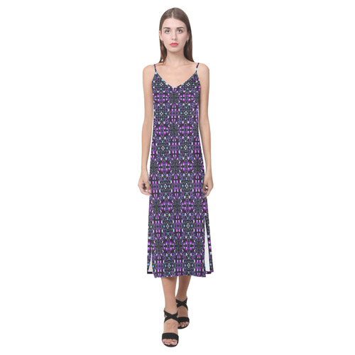 Black Violet V-Neck Open Fork Long Dress(Model D18)