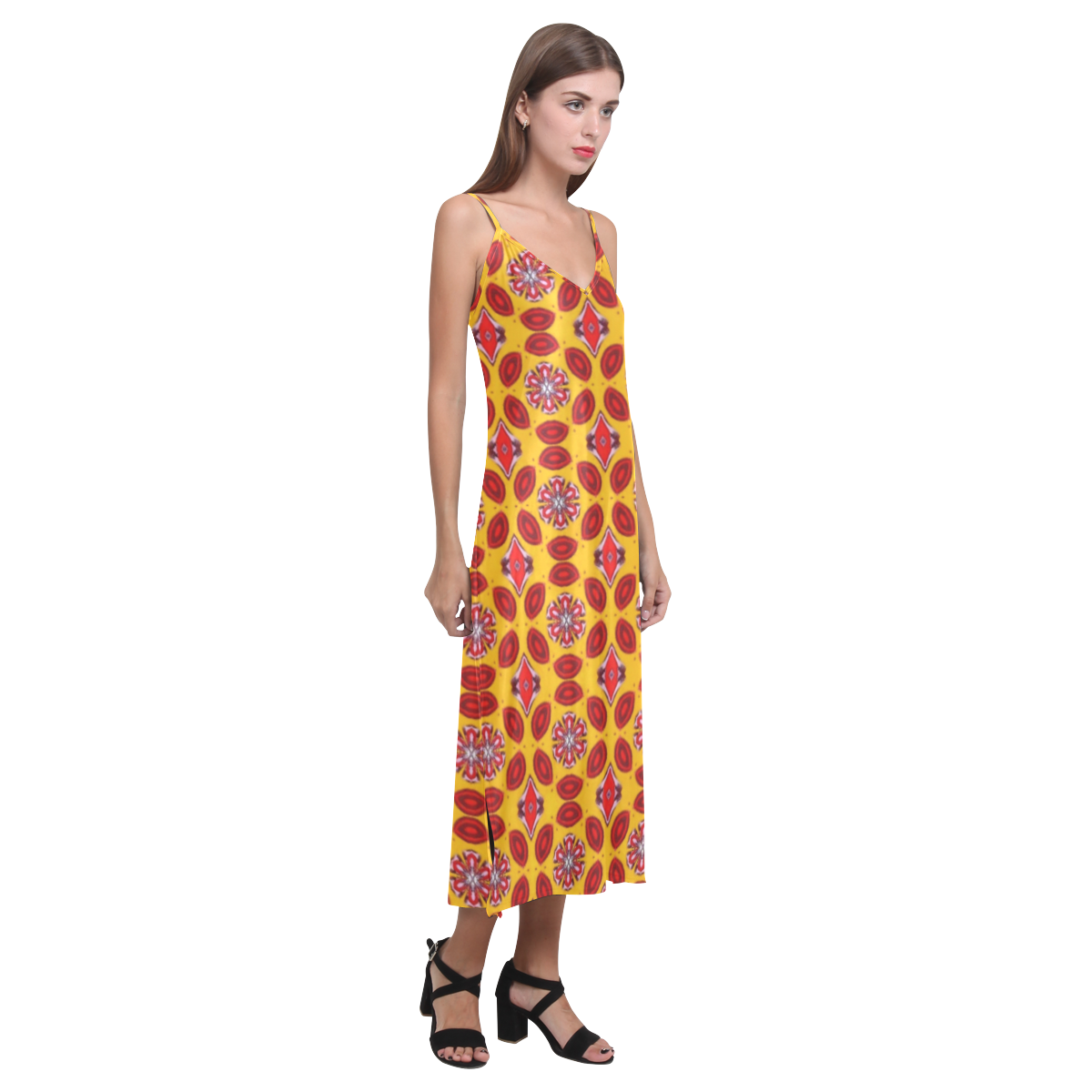 Yellow and Red Geometric V-Neck Open Fork Long Dress(Model D18)