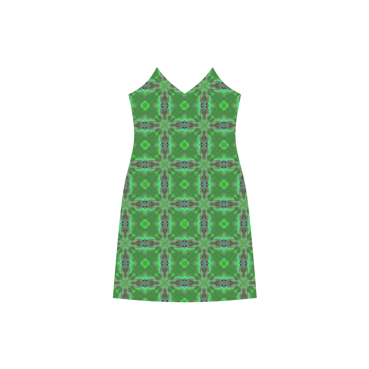 Green Geometric Pattern V-Neck Open Fork Long Dress(Model D18)