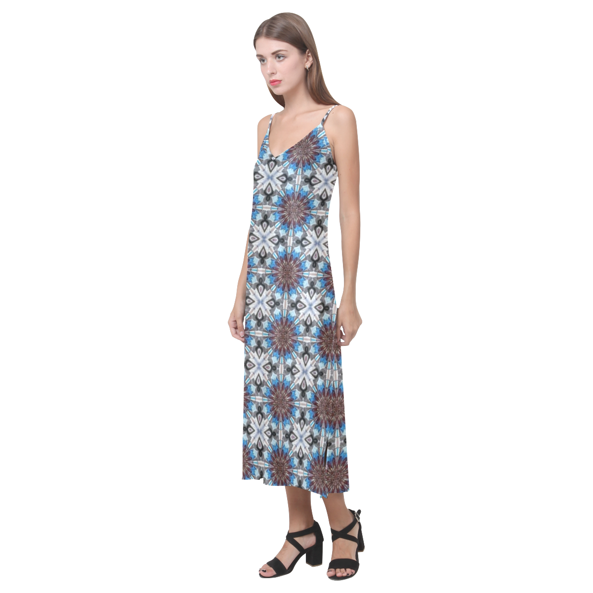Blue Floral Geometric V-Neck Open Fork Long Dress(Model D18)