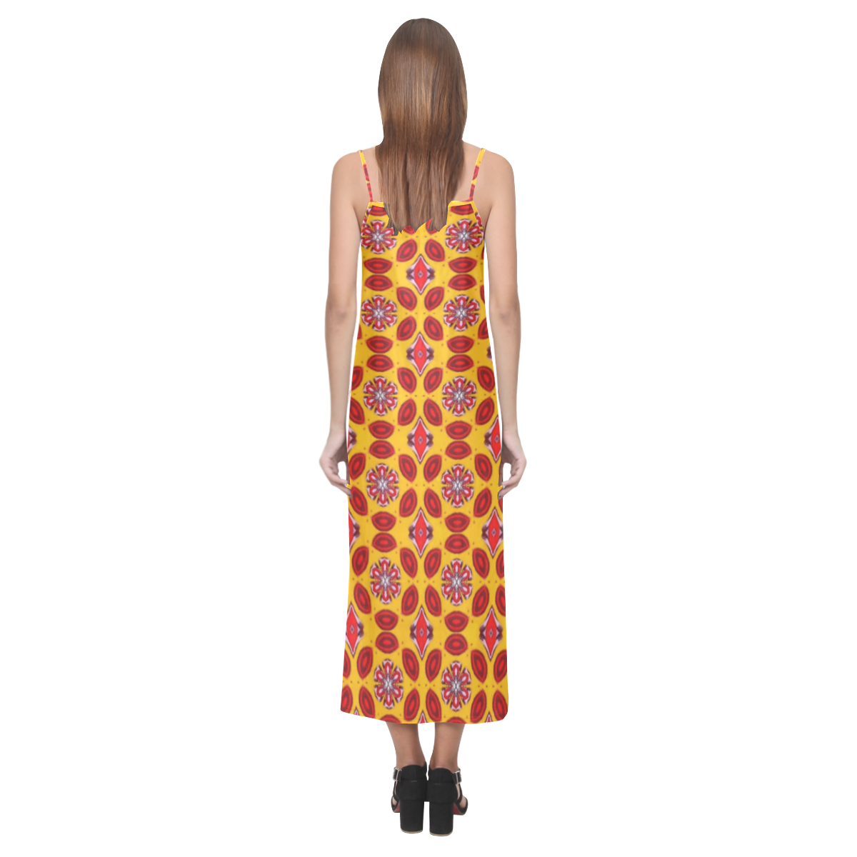 Yellow and Red Geometric V-Neck Open Fork Long Dress(Model D18)