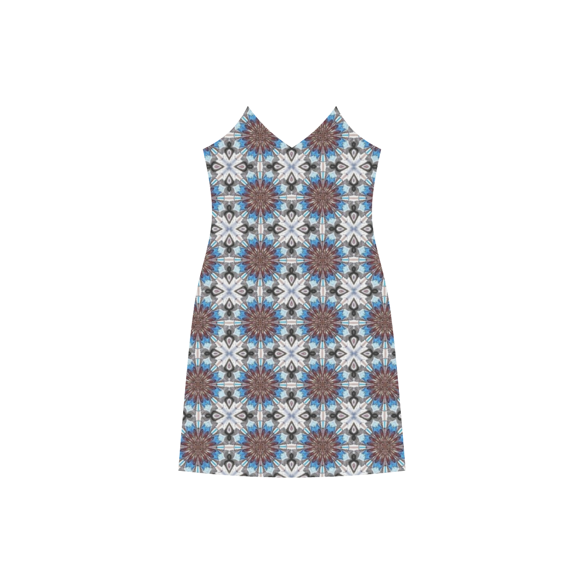 Blue Floral Geometric V-Neck Open Fork Long Dress(Model D18)