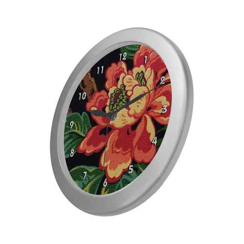 Beautiful Red Vintage Floral Pattern Silver Color Wall Clock
