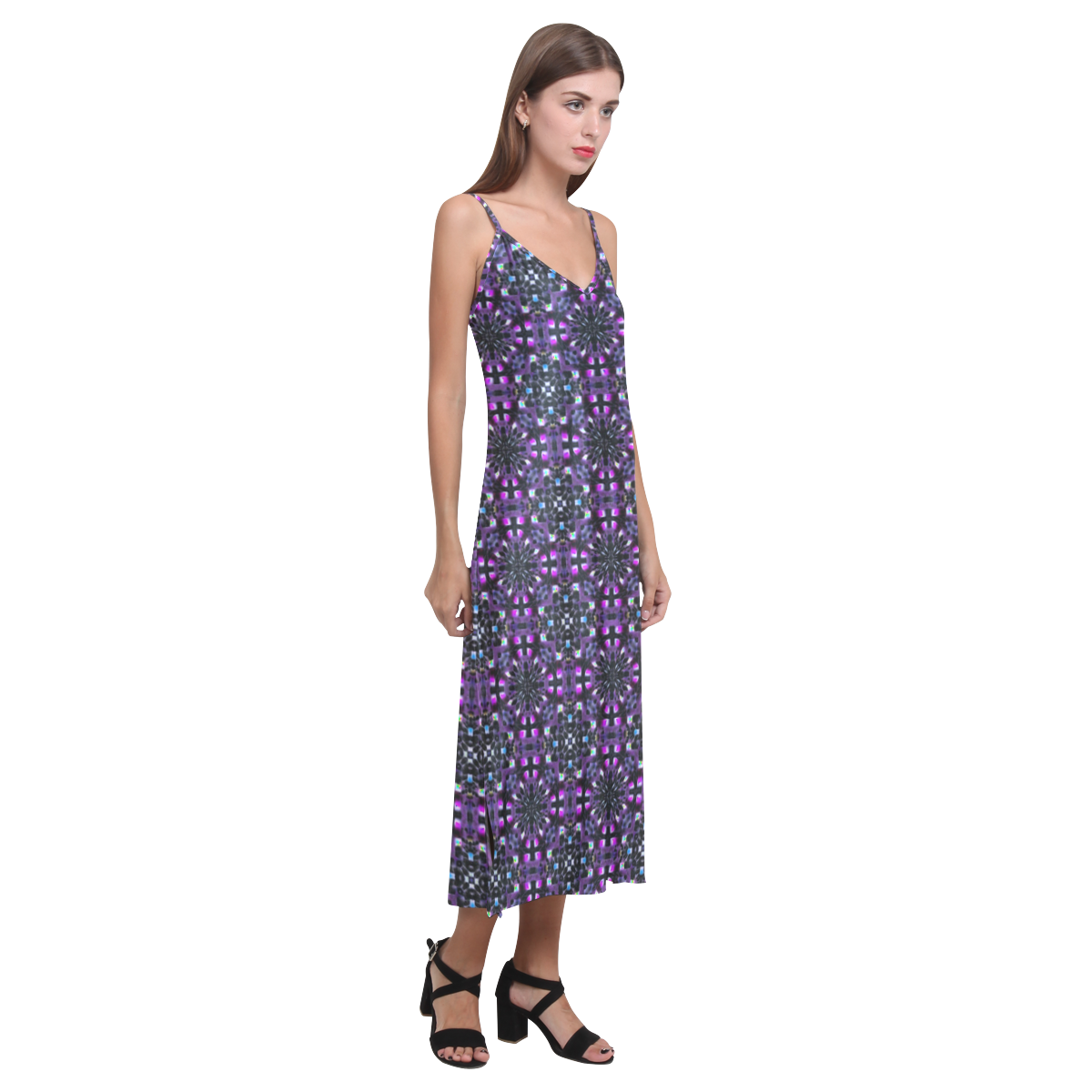 Black Violet V-Neck Open Fork Long Dress(Model D18)