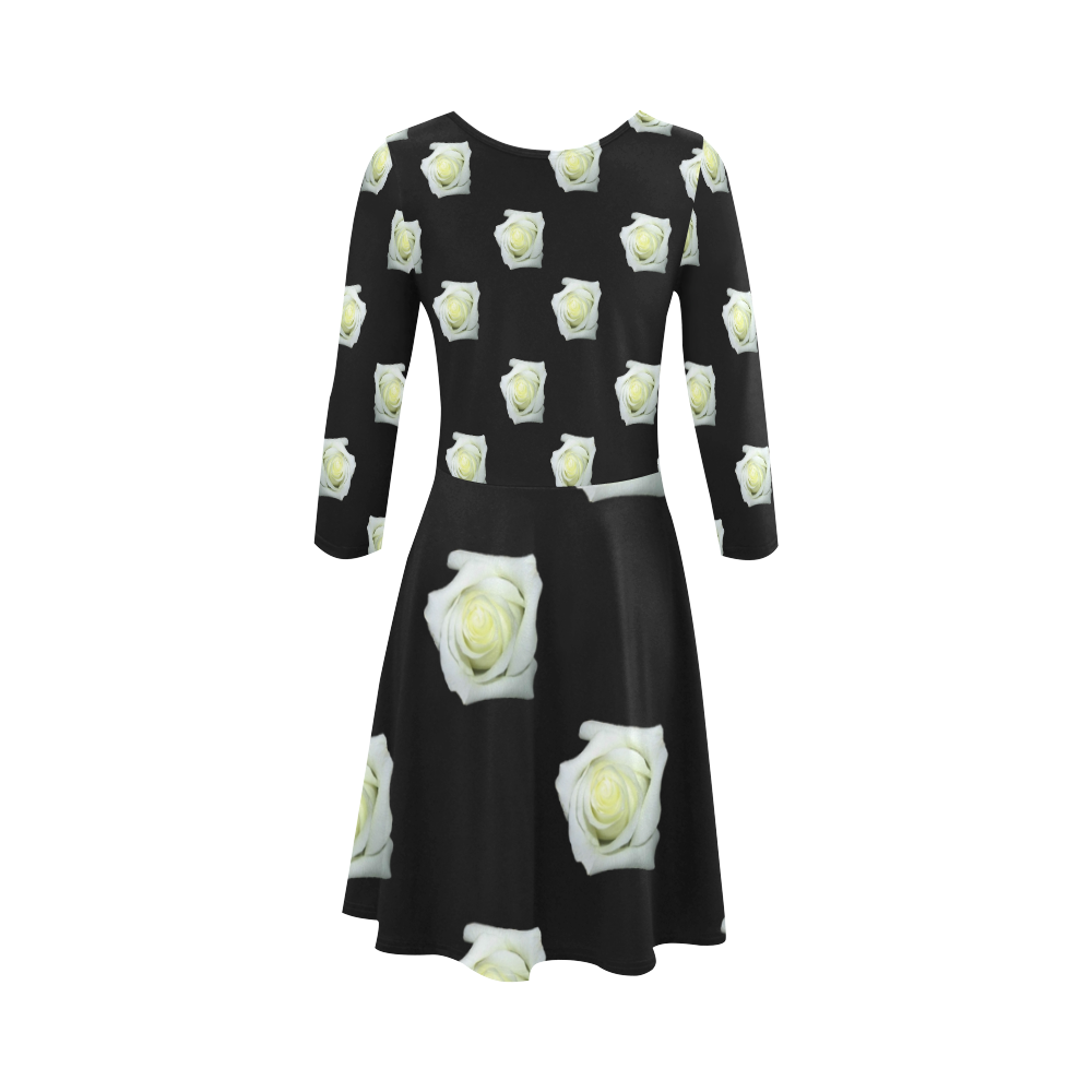 White Roses on a Black Background 3/4 Sleeve Sundress (D23)