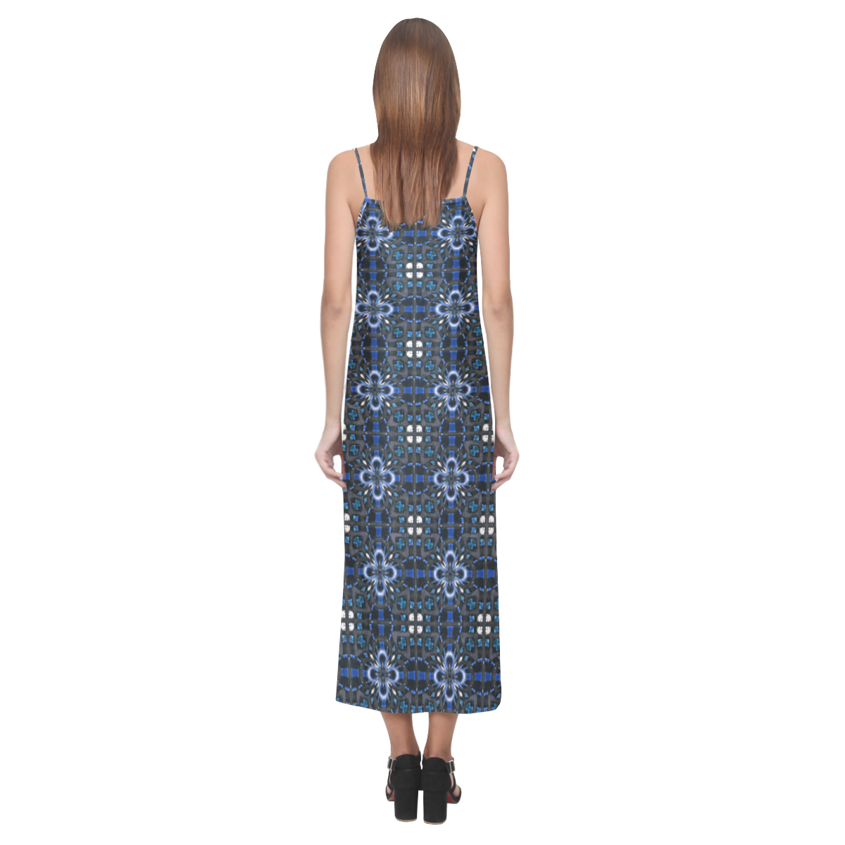 Black and Blue Floral Geometric V-Neck Open Fork Long Dress(Model D18)