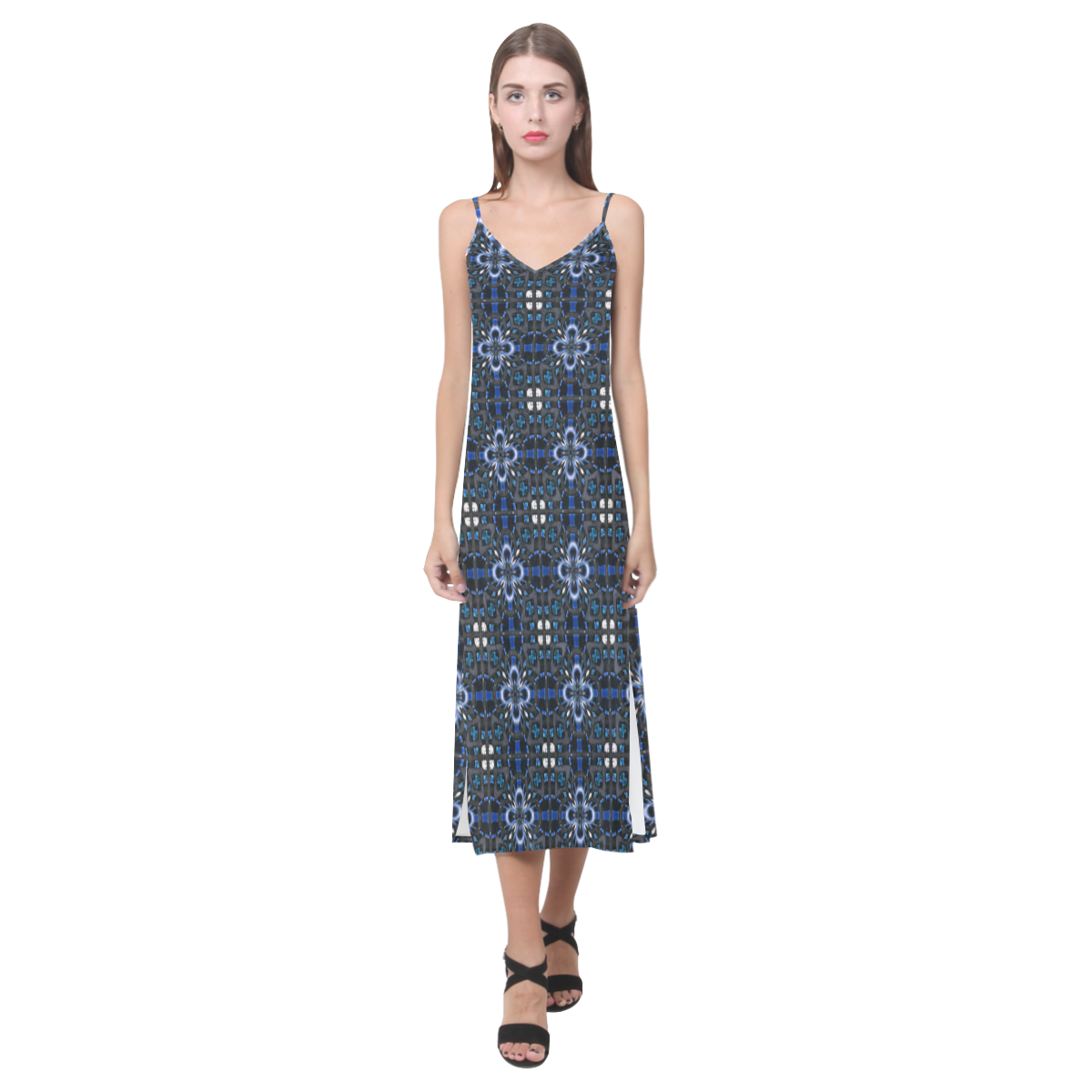 Black and Blue Floral Geometric V-Neck Open Fork Long Dress(Model D18)
