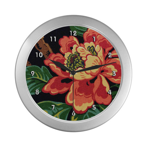 Beautiful Red Vintage Floral Pattern Silver Color Wall Clock