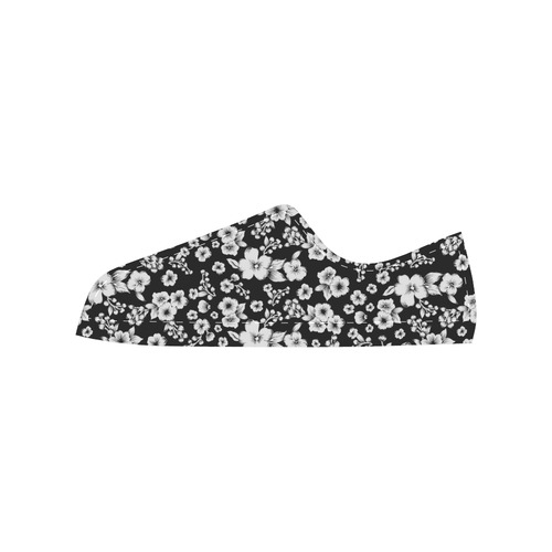 Fine Flowers Pattern Solid Black White Canvas Women's Shoes/Large Size (Model 018)