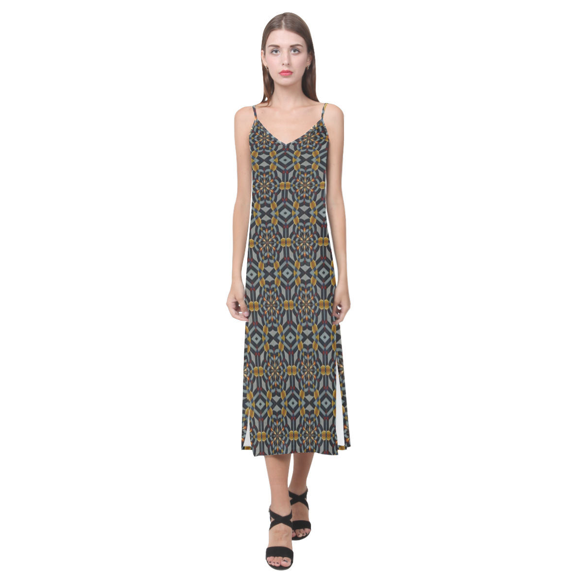 Tan and Gray V-Neck Open Fork Long Dress(Model D18)