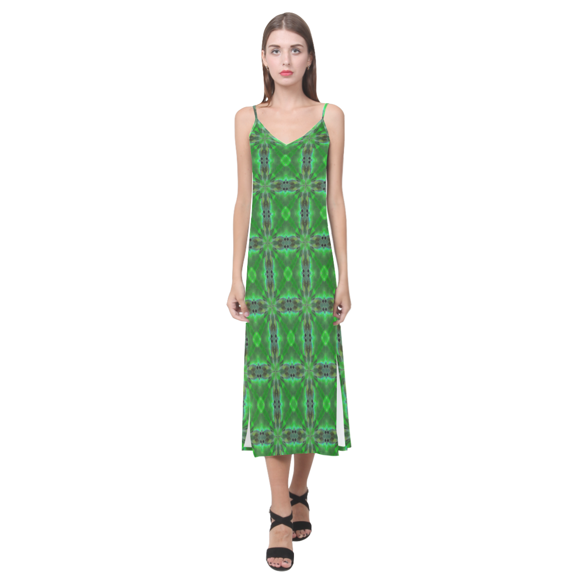 Green Geometric Pattern V-Neck Open Fork Long Dress(Model D18)