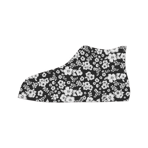 Fine Flowers Pattern Solid Black White High Top Canvas Women's Shoes/Large Size (Model 017)