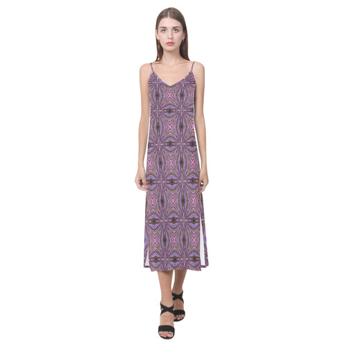 Purple and Pink V-Neck Open Fork Long Dress(Model D18)