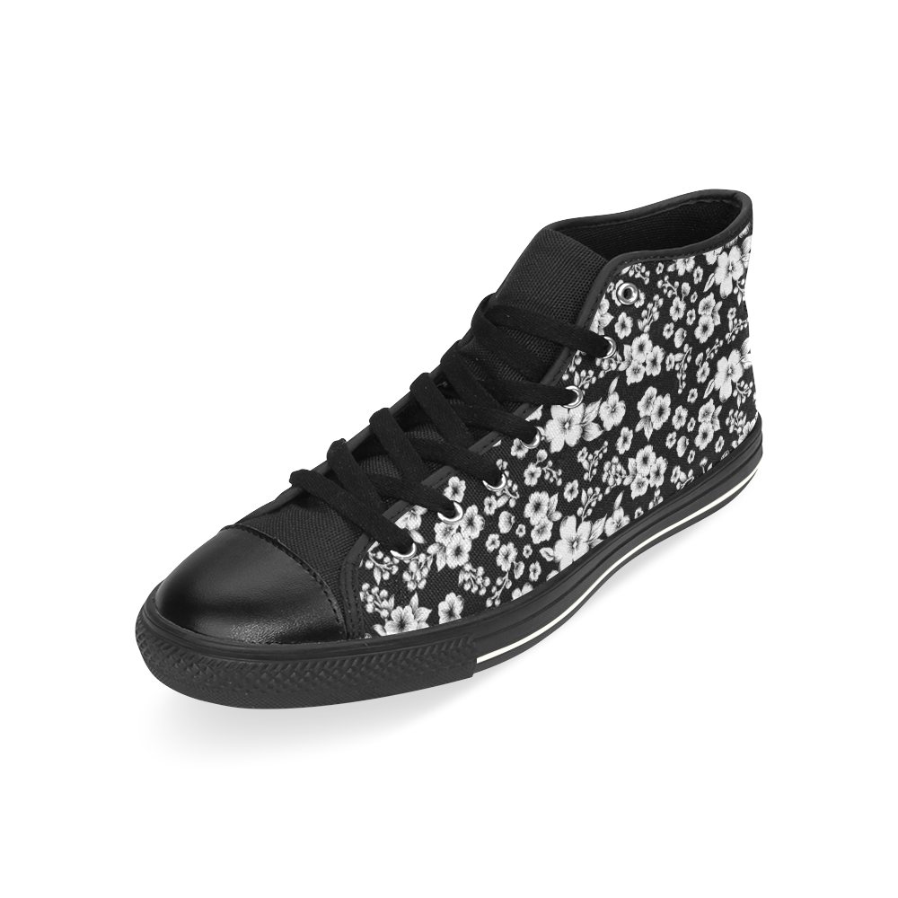 Fine Flowers Pattern Solid Black White High Top Canvas Women's Shoes/Large Size (Model 017)