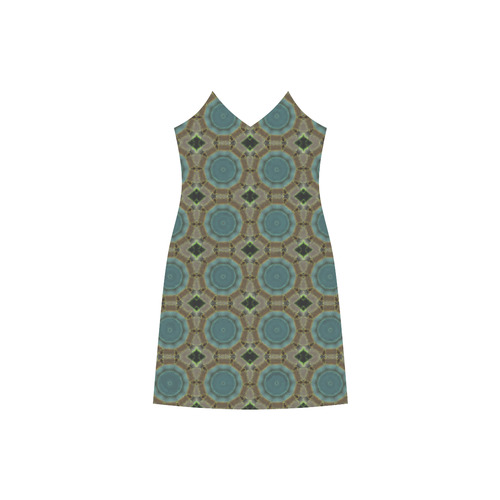 Khaki and Teal V-Neck Open Fork Long Dress(Model D18)