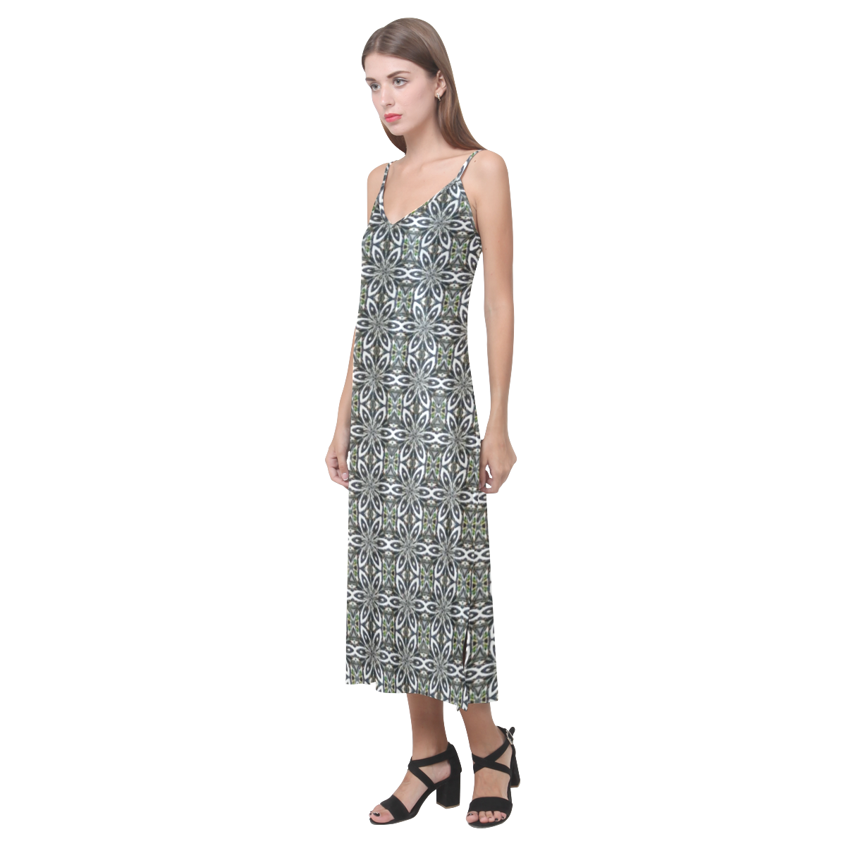 Black and Gray Floral V-Neck Open Fork Long Dress(Model D18)