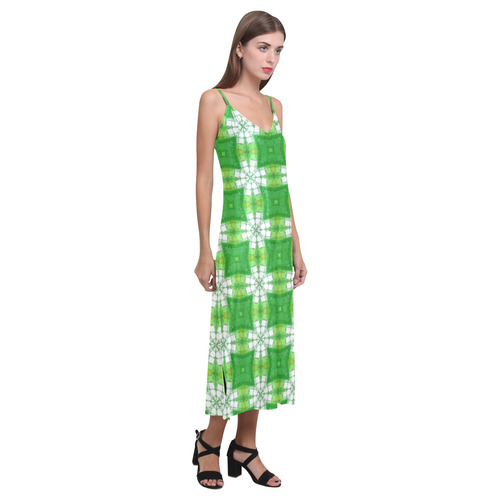 Spring Green V-Neck Open Fork Long Dress(Model D18)