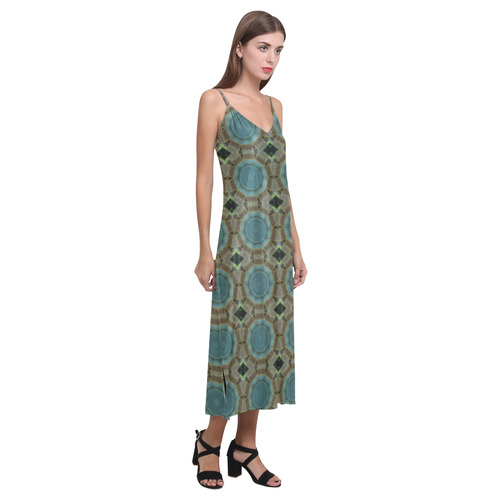 Khaki and Teal V-Neck Open Fork Long Dress(Model D18)