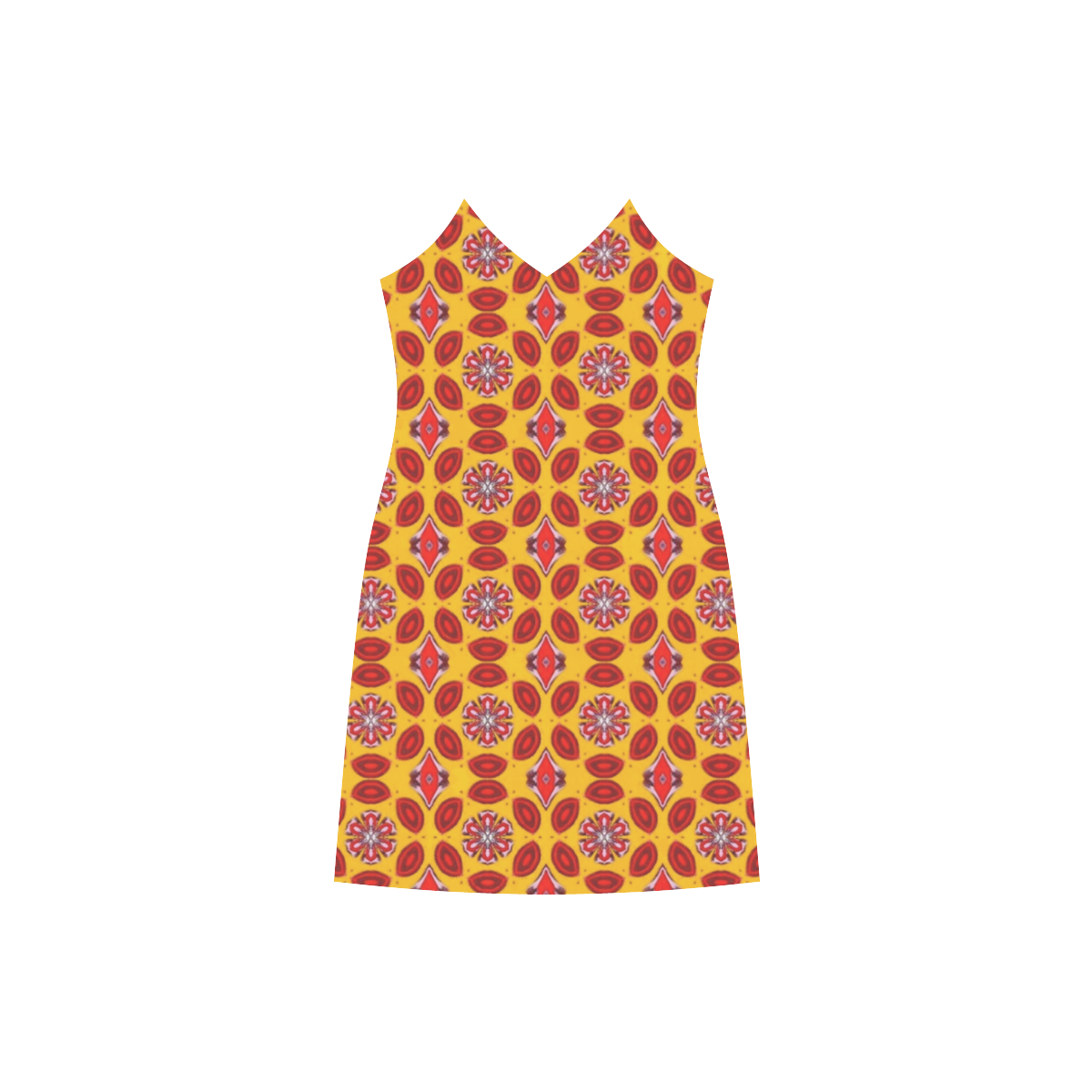 Yellow and Red Geometric V-Neck Open Fork Long Dress(Model D18)