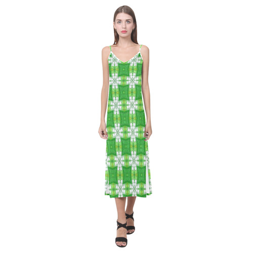 Spring Green V-Neck Open Fork Long Dress(Model D18)