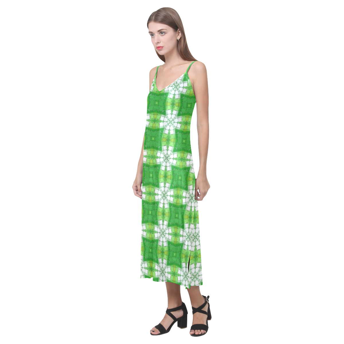 Spring Green V-Neck Open Fork Long Dress(Model D18)