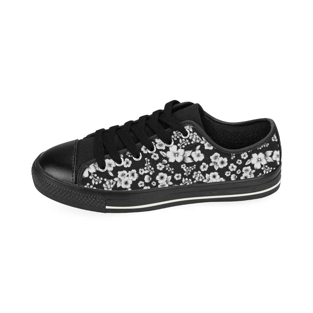 Fine Flowers Pattern Solid Black White Canvas Women's Shoes/Large Size (Model 018)