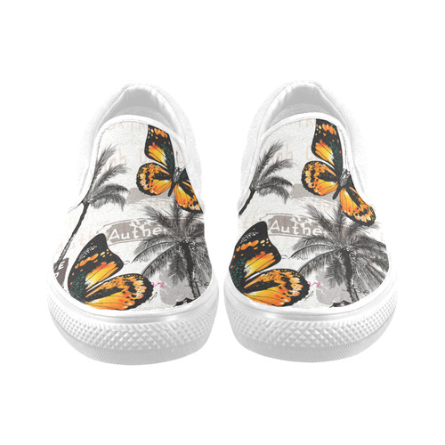 New in Shop! Vintage original shoes with butterfly and exotic palms illustration. 100 % hand-drawn e Slip-on Canvas Shoes for Men/Large Size (Model 019)