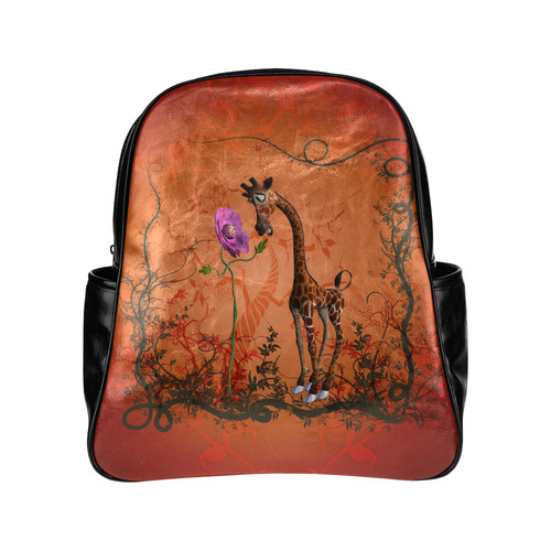 Funny giraffe speak with a flower Multi-Pockets Backpack (Model 1636)