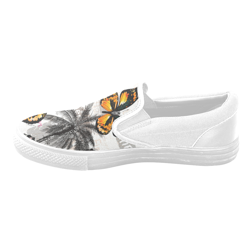 New in Shop! Vintage original shoes with butterfly and exotic palms illustration. 100 % hand-drawn e Slip-on Canvas Shoes for Men/Large Size (Model 019)
