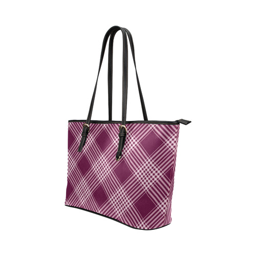 Burgundy And White Plaid Leather Tote Bag/Large (Model 1651)