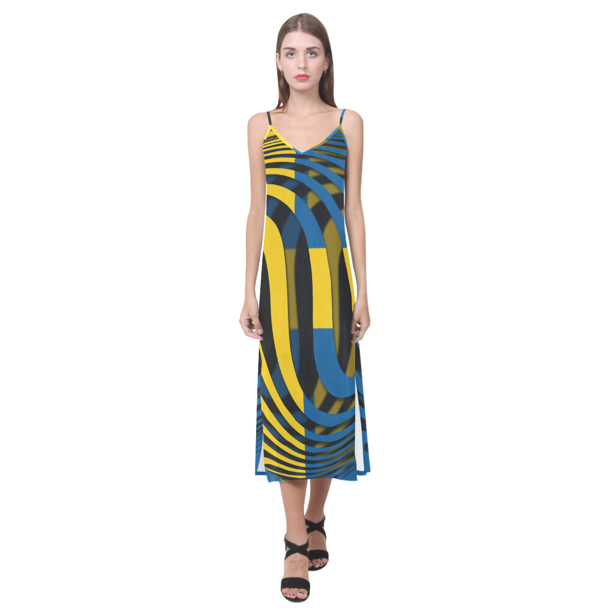 The Flag of Sweden V-Neck Open Fork Long Dress(Model D18)