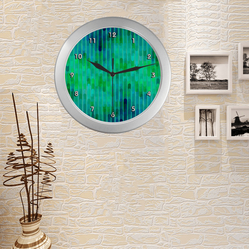 Beautiful Blue Green Abstract Pattern Silver Color Wall Clock