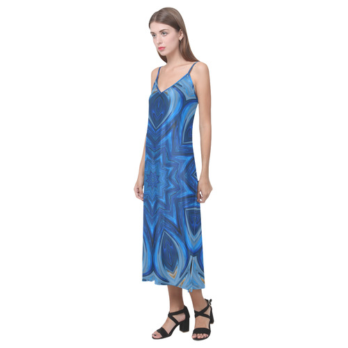Blue Blossom Mandala V-Neck Open Fork Long Dress(Model D18)