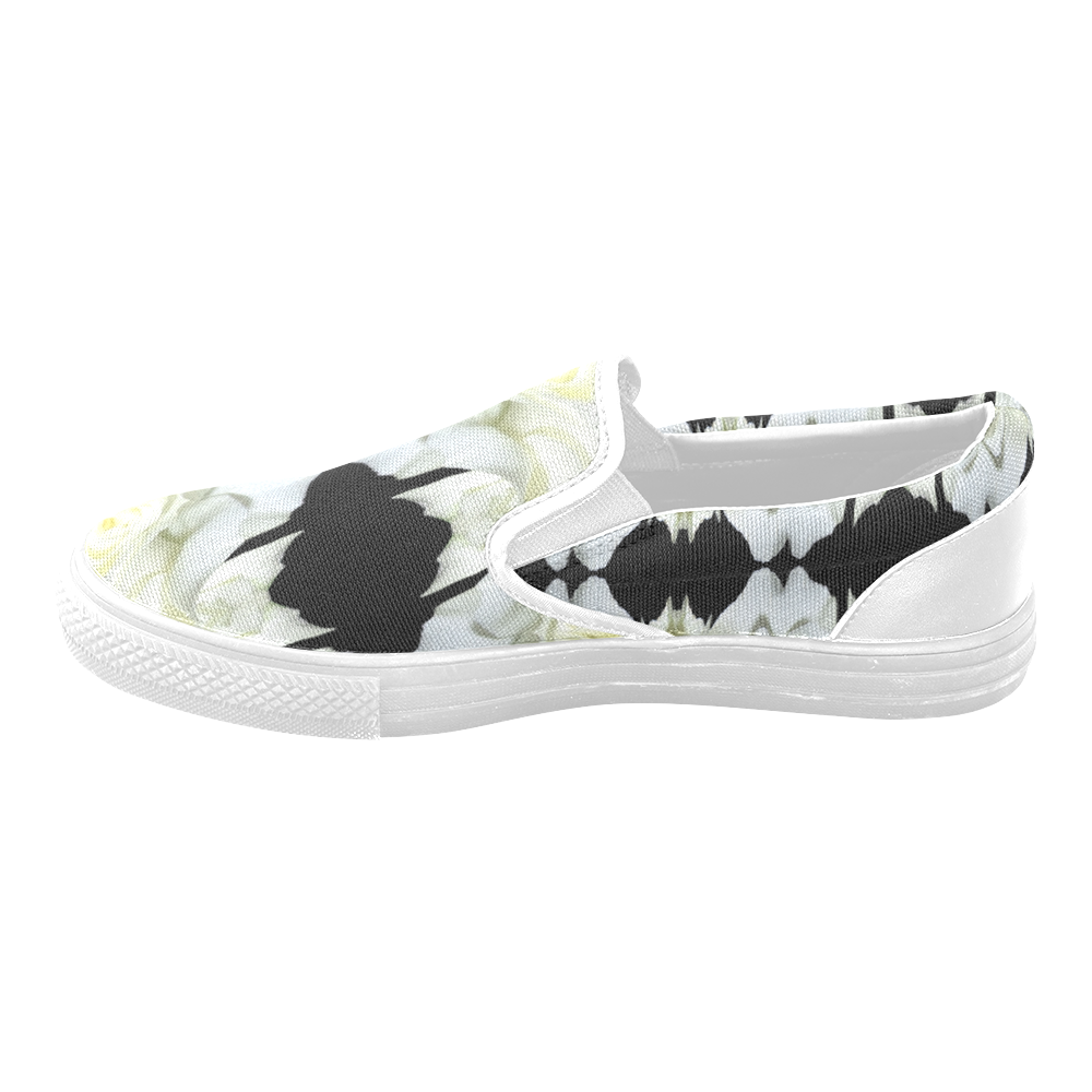 White Roses Abstract on Black Slip-on Canvas Shoes for Men/Large Size (Model 019)