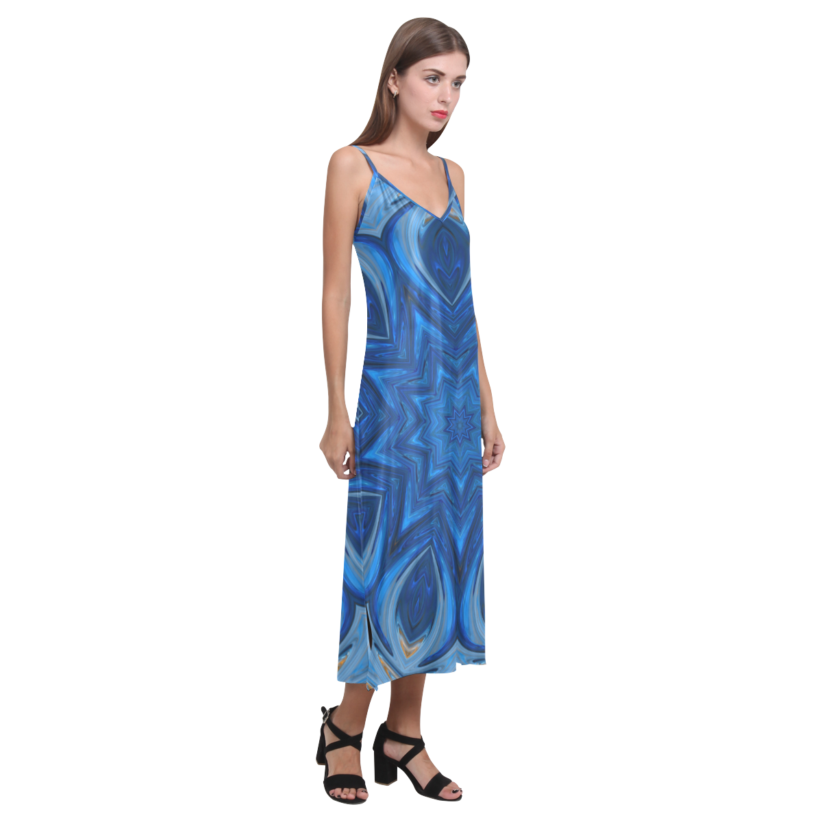 Blue Blossom Mandala V-Neck Open Fork Long Dress(Model D18)