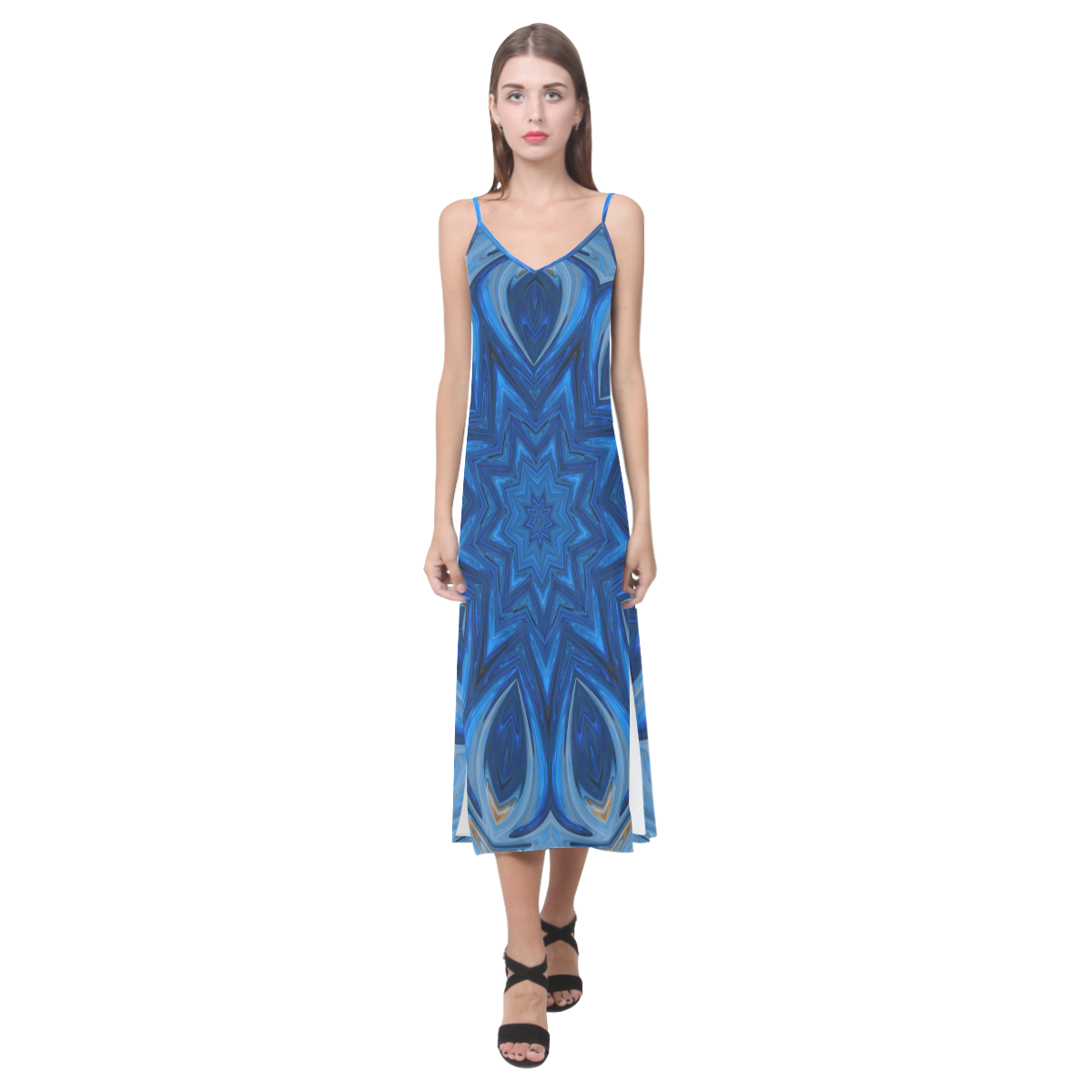 Blue Blossom Mandala V-Neck Open Fork Long Dress(Model D18)