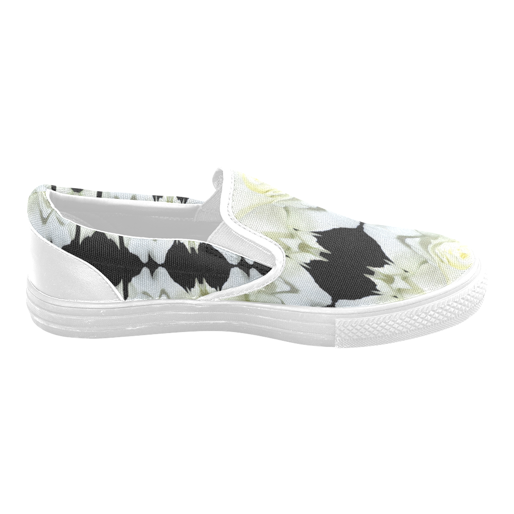 White Roses Abstract on Black Slip-on Canvas Shoes for Men/Large Size (Model 019)