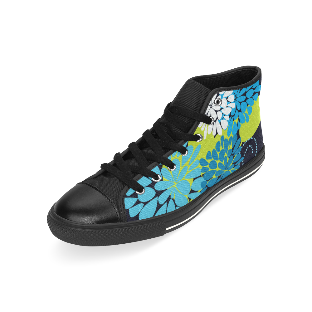 Blue Aqua Abstract Modern Floral High Top Canvas Women's Shoes/Large Size (Model 017)