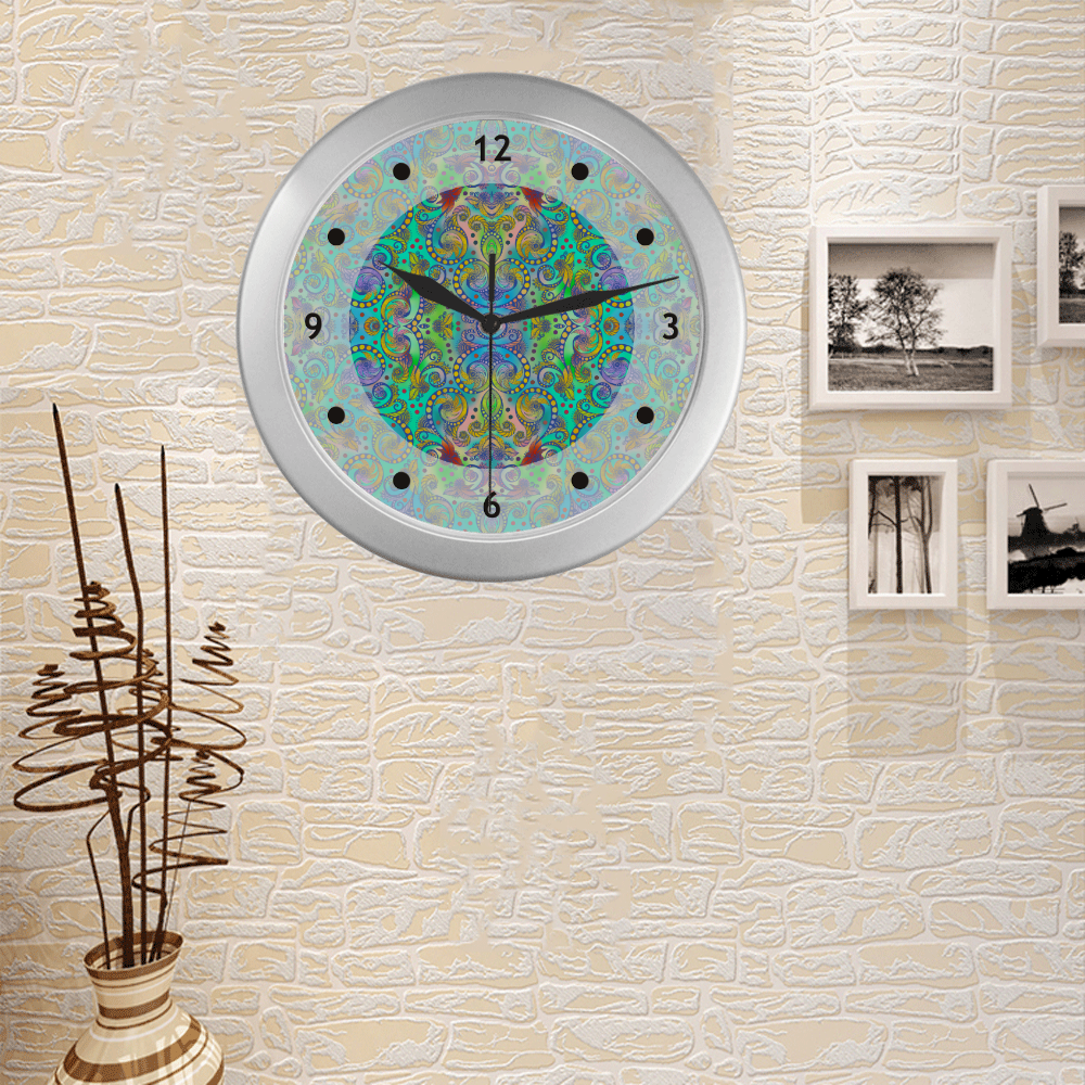 Oriental Flowers Spirals Ornaments Soft Colored Silver Color Wall Clock