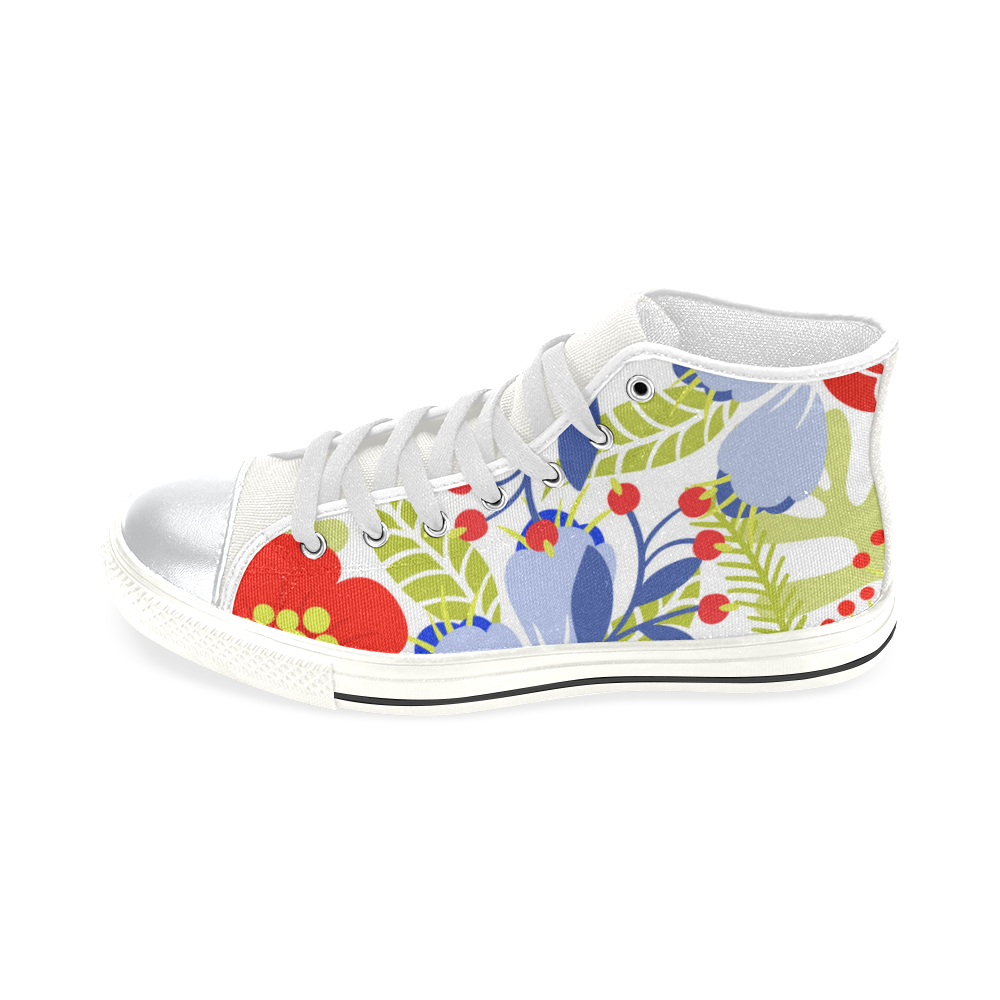 Colorful Red Blue Modern Floral Pattern High Top Canvas Women's Shoes/Large Size (Model 017)