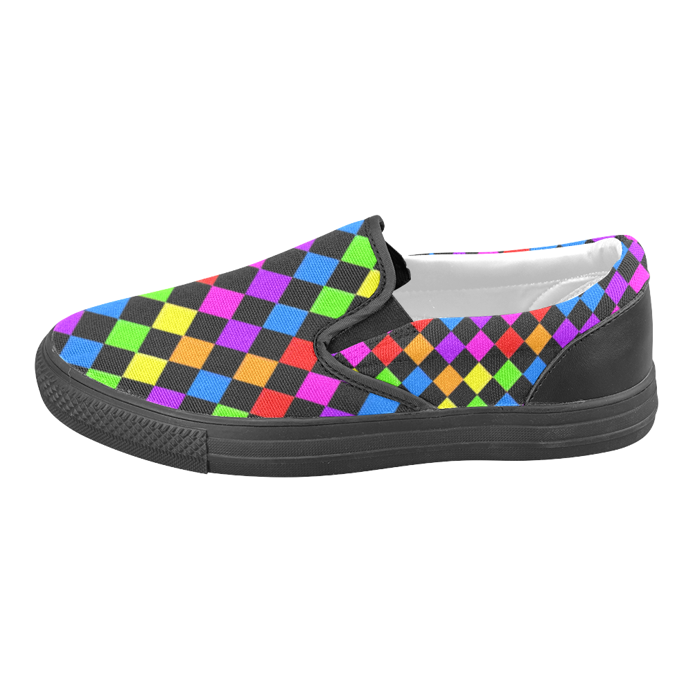 Diamon Checks Black and White and Rainbow Women's Unusual Slip-on Canvas Shoes (Model 019)